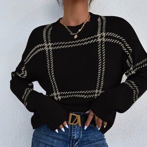 Black and White Casual Women's Plaid Drop Shoulder Long Sleeve Knit Sweater